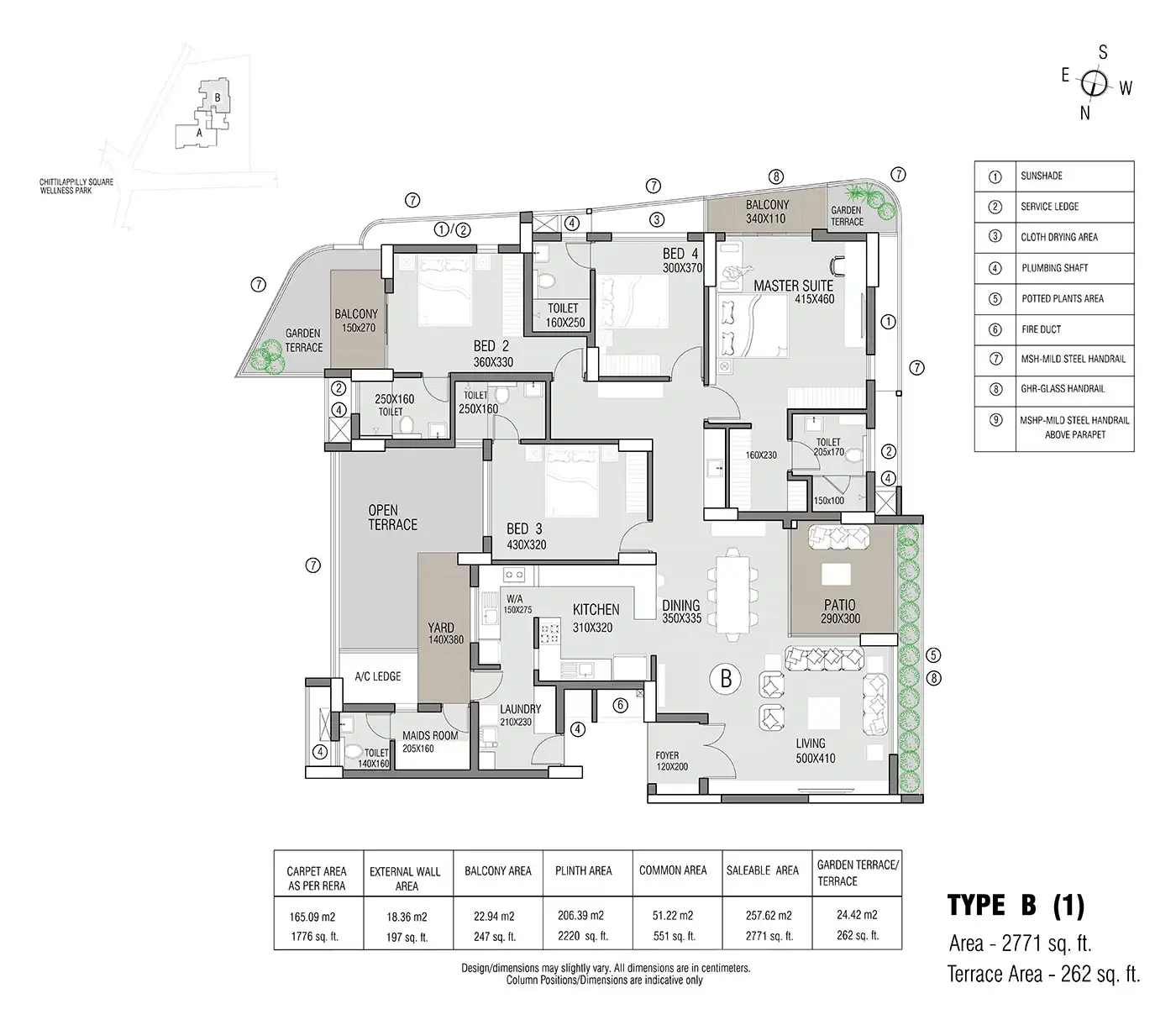 3 BHK apartment layout at Brigade Chiraan Fort